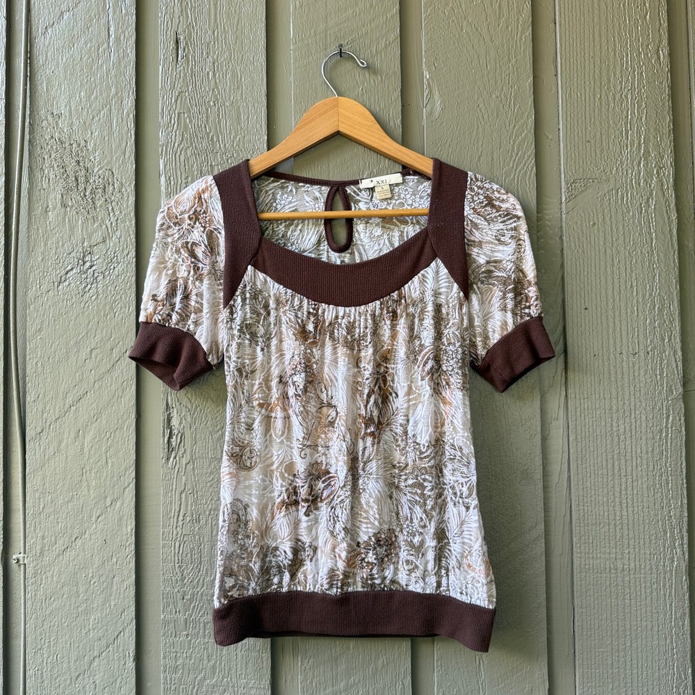Vtg Forever 21 Top Womens Small Brown Paisley Floral Square Neck Puff Sleeve S